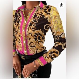 Women’s Buchona Colorful dressy long sleeve button down floral print Size XXL